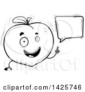 Clipart Of A Cartoon Black And White Doodled Talking Peach Character Royalty Free Vector Illustration