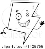 Clipart Of A Cartoon Black And White Doodled Waving Lightning Character Royalty Free Vector Illustration