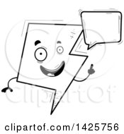 Clipart Of A Cartoon Black And White Doodled Talking Lightning Character Royalty Free Vector Illustration