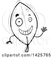 Clipart Of A Cartoon Black And White Doodled Waving Leaf Character Royalty Free Vector Illustration