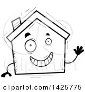 Clipart Of A Cartoon Black And White Doodled Waving Home Character Royalty Free Vector Illustration