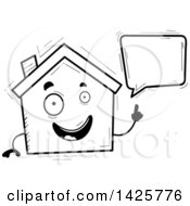 Clipart Of A Cartoon Black And White Doodled Talking Home Character Royalty Free Vector Illustration