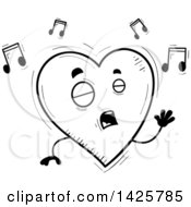 Clipart Of A Cartoon Black And White Doodled Singing Heart Character Royalty Free Vector Illustration