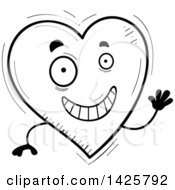 Clipart Of A Cartoon Black And White Doodled Waving Heart Character Royalty Free Vector Illustration