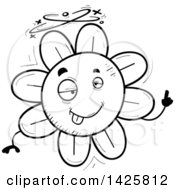 Clipart Of A Cartoon Black And White Doodled Drunk Flower Character Royalty Free Vector Illustration
