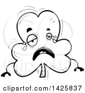 Clipart Of A Cartoon Black And White Doodled Crying Shamrock Clover Character Royalty Free Vector Illustration