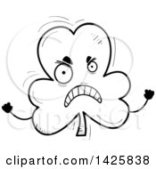 Clipart Of A Cartoon Black And White Doodled Mad Shamrock Clover Character Royalty Free Vector Illustration