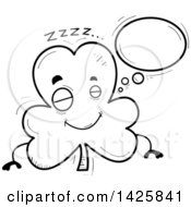Clipart Of A Cartoon Black And White Doodled Dreaming Shamrock Clover Character Royalty Free Vector Illustration