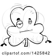 Clipart Of A Cartoon Black And White Doodled Bored Shamrock Clover Character Royalty Free Vector Illustration