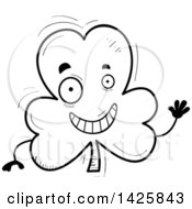 Clipart Of A Cartoon Black And White Doodled Waving Shamrock Clover Character Royalty Free Vector Illustration