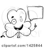 Clipart Of A Cartoon Black And White Doodled Talking Shamrock Clover Character Royalty Free Vector Illustration