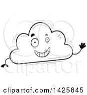 Clipart Of A Cartoon Black And White Doodled Waving Cloud Character Royalty Free Vector Illustration