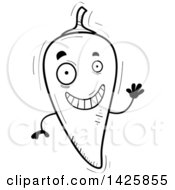 Clipart Of A Cartoon Black And White Doodled Waving Hot Chile Pepper Character Royalty Free Vector Illustration