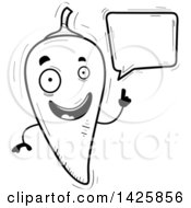 Clipart Of A Cartoon Black And White Doodled Talking Hot Chile Pepper Character Royalty Free Vector Illustration