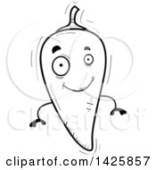 Clipart Of A Cartoon Black And White Doodled Hot Chile Pepper Character Royalty Free Vector Illustration