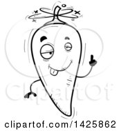 Clipart Of A Cartoon Black And White Doodled Drunk Hot Chile Pepper Character Royalty Free Vector Illustration