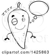 Clipart Of A Cartoon Black And White Doodled Dreaming Hot Chile Pepper Character Royalty Free Vector Illustration