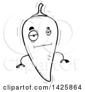 Clipart Of A Cartoon Black And White Doodled Bored Hot Chile Pepper Character Royalty Free Vector Illustration