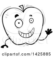 Clipart Of A Cartoon Black And White Doodled Waving Apple Character Royalty Free Vector Illustration