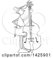 Poster, Art Print Of Cartoon Black And White Lineart Moose Playing A Double Bass With A Bow