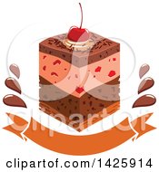 Clipart Of A Piece Of Cake With A Cherry Over A Banner Royalty Free Vector Illustration