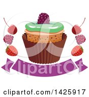 Poster, Art Print Of Cupcake With Berries Over A Blank Banner