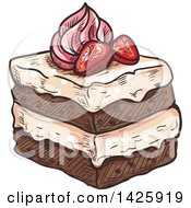 Clipart Of A Sketched Piece Of Chocolate Strawberry Cake Royalty Free Vector Illustration