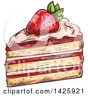 Clipart Of A Sketched Piece Of Strawberry Cake Royalty Free Vector Illustration