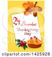 Clipart Of A Thanksgiving Text Sign With A Pie Berries Leaves And Acorns Over Yellow Royalty Free Vector Illustration