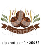 Poster, Art Print Of Three Coffee Beans With Steam Over A Banner