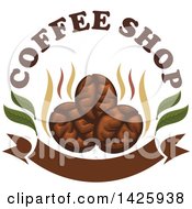 Clipart Of Three Coffee Beans With Text And Steam Over A Banner Royalty Free Vector Illustration