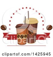 Poster, Art Print Of Take Out Coffee Cups With Stars Beans And A Red Banner