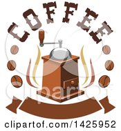 Poster, Art Print Of Coffee Grinder With Steam Text And Beans Over A Banner