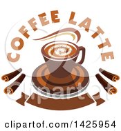 Poster, Art Print Of Hot Latte Coffee With Text And Chocolate Spirals Over A Banner