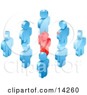 Red Individual Raising Their Hand While Standing In A Group Of Blue Employees Or Volunteers Clipart Illustration by AtStockIllustration