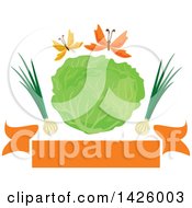 Green Cabbage With Green Onions And Butterflies Over A Banner