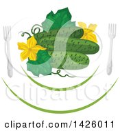 Poster, Art Print Of Leaf Blossoms And Cucumbers On A Plate With Forks