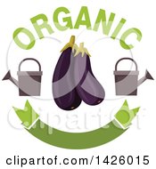 Poster, Art Print Of Purple Eggplants With Watering Cans Organic Text And A Blank Banner