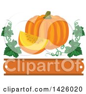 Clipart Of A Pumpkin And Wedge With Vines Over A Blank Banner Royalty Free Vector Illustration