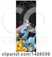 Clipart Of A Sketched Vertical Halloween Border Of A Flying Witch Hat Spider Web Bats Cat Skull And Pumpkin Royalty Free Vector Illustration