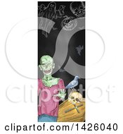 Poster, Art Print Of Sketched Vertical Halloween Border Of A Zombie Coffin Skull Crow Pumpkin Bats And Ghost