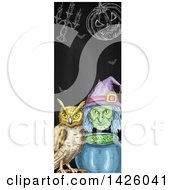 Clipart Of A Sketched Vertical Halloween Border Of A Witch Cauldron Pumpkin Candelabra And Owl Royalty Free Vector Illustration