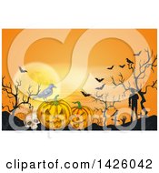 Poster, Art Print Of Sketched Halloween Background Of A Full Moon Bats Skull Crow Jackolanterns And Zombies In A Cemetery