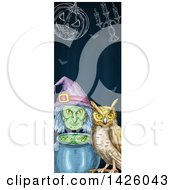 Poster, Art Print Of Sketched Vertical Halloween Border Of A Witch Cauldron Pumpkin Candelabra And Owl