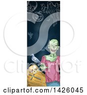 Clipart Of A Sketched Vertical Halloween Border Of A Zombie Coffin Skull Crow Pumpkin Bats And Ghost Royalty Free Vector Illustration by Vector Tradition SM