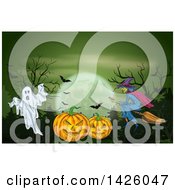 Clipart Of A Sketched Halloween Background Of A Full Moon Bats Ghost Witch And Pumpkins Royalty Free Vector Illustration