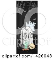 Clipart Of A Sketched Vertical Halloween Border Of A Ghost Tombstone Skull Candelabra Spider Web Bats And Rising Zombie On A Blackboard Royalty Free Vector Illustration