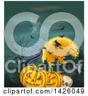Poster, Art Print Of Sketched Halloween Background Of Ghosts Bats A Full Moon Witch Skull Pumpkins And Crow