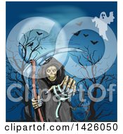 Clipart Of A Sketched Halloween Background Of A Ghost Full Moon Bats And Grim Reaper Royalty Free Vector Illustration