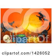 Poster, Art Print Of Sketched Halloween Background Of A Witch Full Moon Bats Cat Pumpkins Cauldron Candelabra And Skull